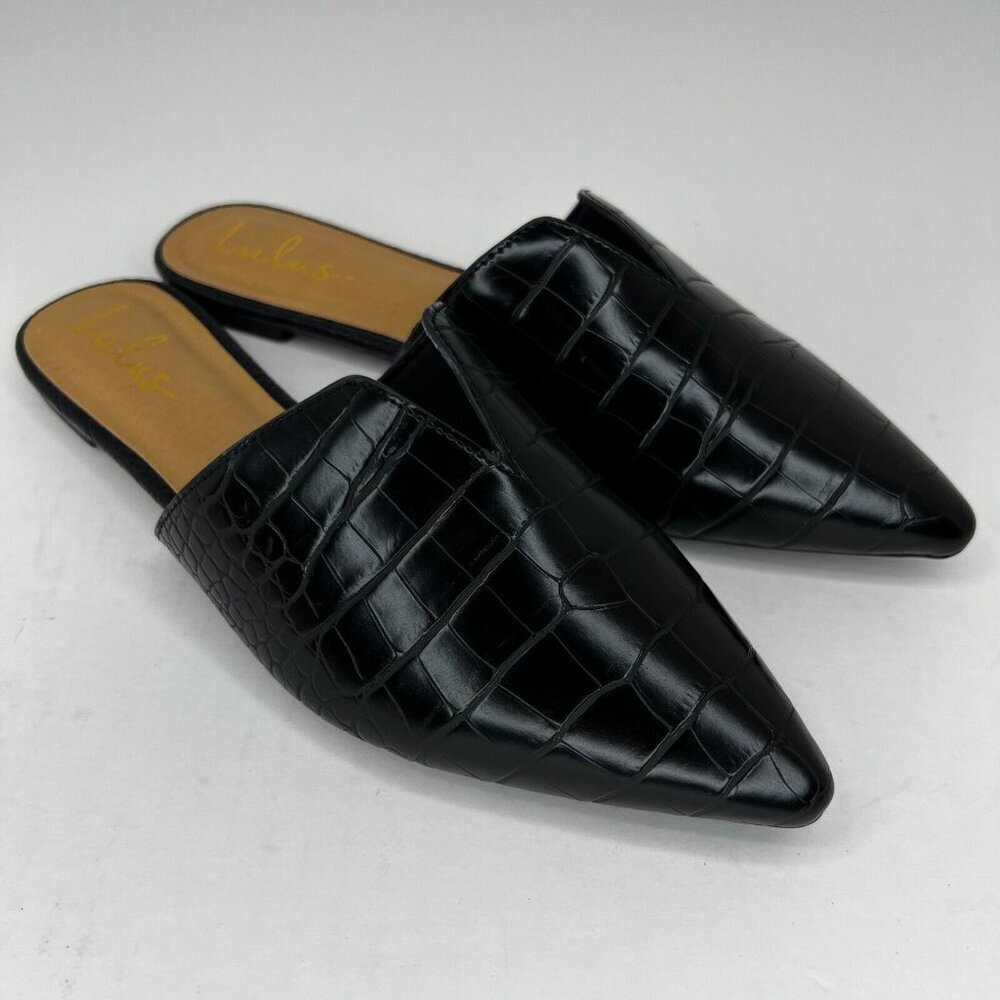 Lulus Womens Black Leather Shoes Mules Slides Open Back Pointed Size 9 Loafers - Picture 2 of 9